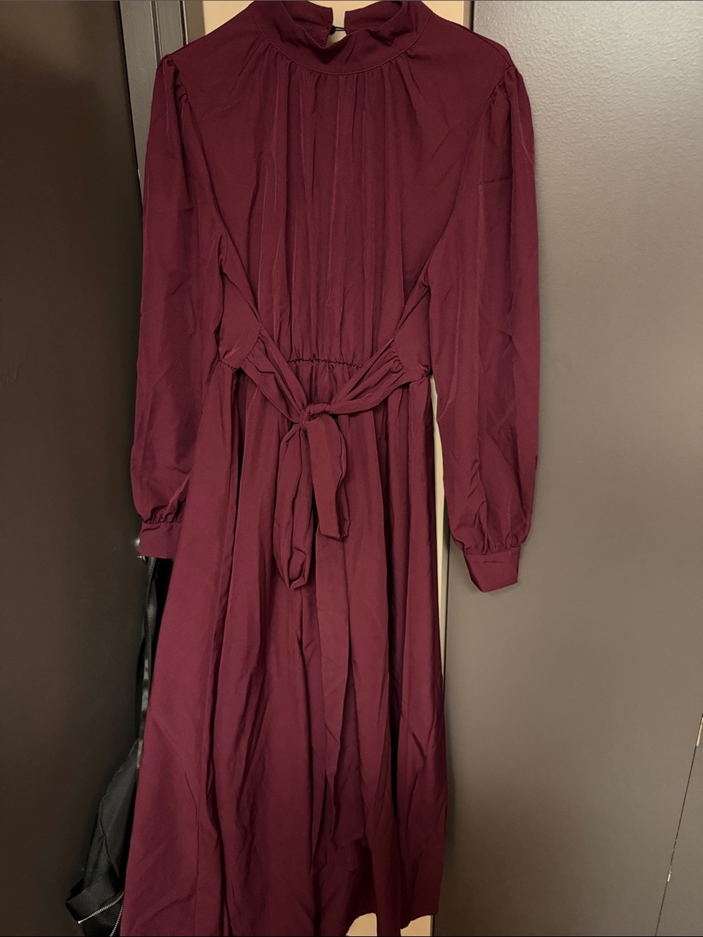 Long Sleeve Burgundy Midi Dress with Tie Waist